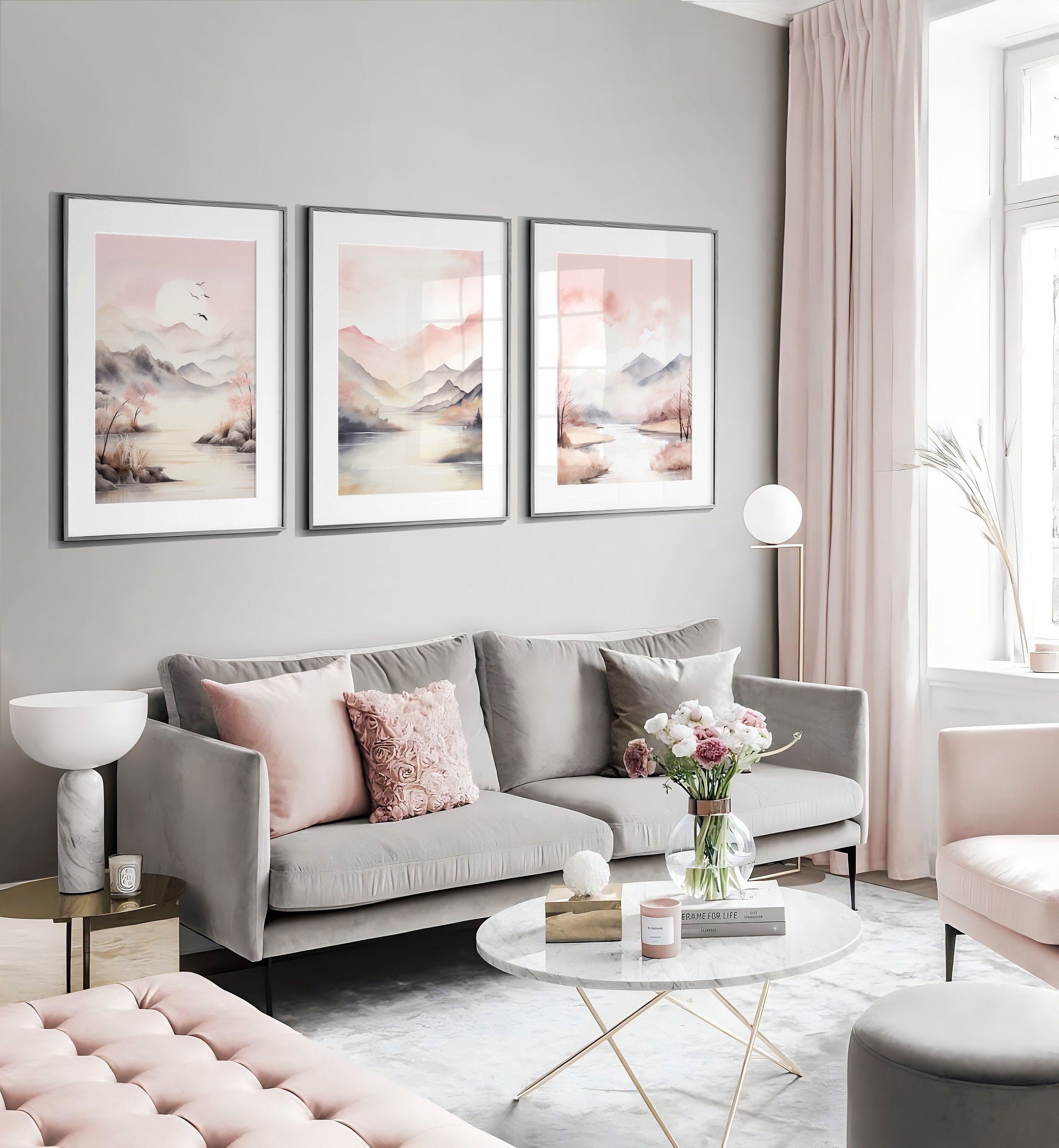 Set of 3 Pink Landscape Prints, Pink, Beige, Grey, Watercolour Abstract Lake and Trees Art, Nordic Home Decor, Neutral Living Room Decor