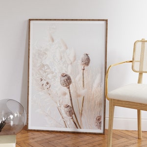 Impressão de flores secas, arte de parede boho, arte de parede neutra, impressão de foto boho, arte de parede de folhas secas, impressão de decoração de casa neutra, cabeças de sementes