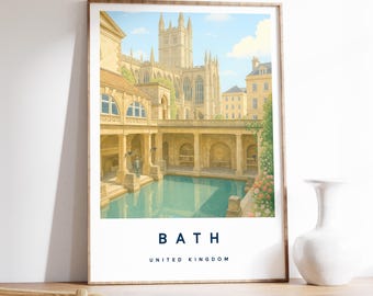 May include: A framed print featuring a watercolor painting of the Roman Baths in Bath, England. The artwork depicts the ancient architecture, a turquoise pool, and the text "BATH UNITED KINGDOM" at the bottom.