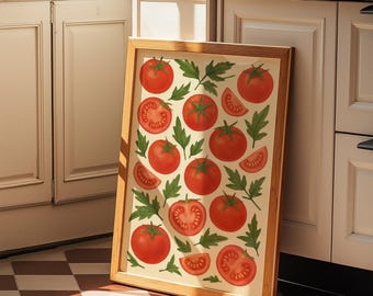 May include: A framed print featuring a repeating pattern of red tomatoes, tomato slices, and green leaves on a cream background. The wooden frame complements the artwork, creating a rustic, kitchen-themed aesthetic. The tomatoes are depicted whole and sliced.