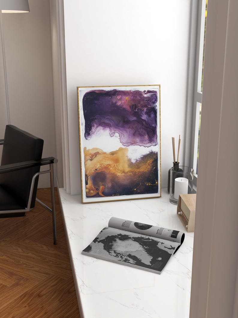 Purple and Gold Ink Marble Print, Large Ink Wall Decor, Modern Art