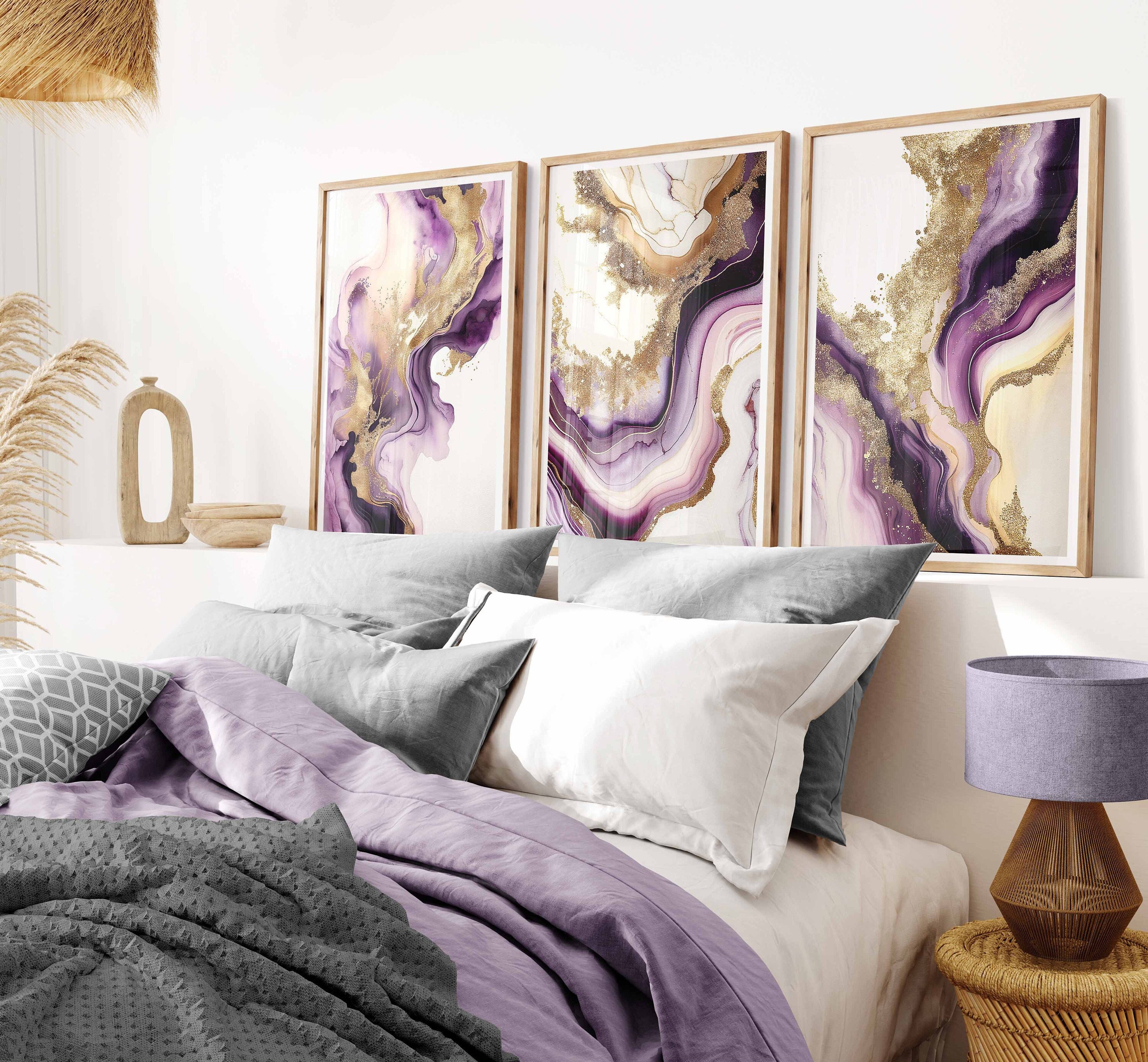 ONIZHITY 4 Pcs Purple & Gold Wooden Wall Decor - "Dreams Faith Love Believe" Rustic Marble Style Signs (10x4 In)