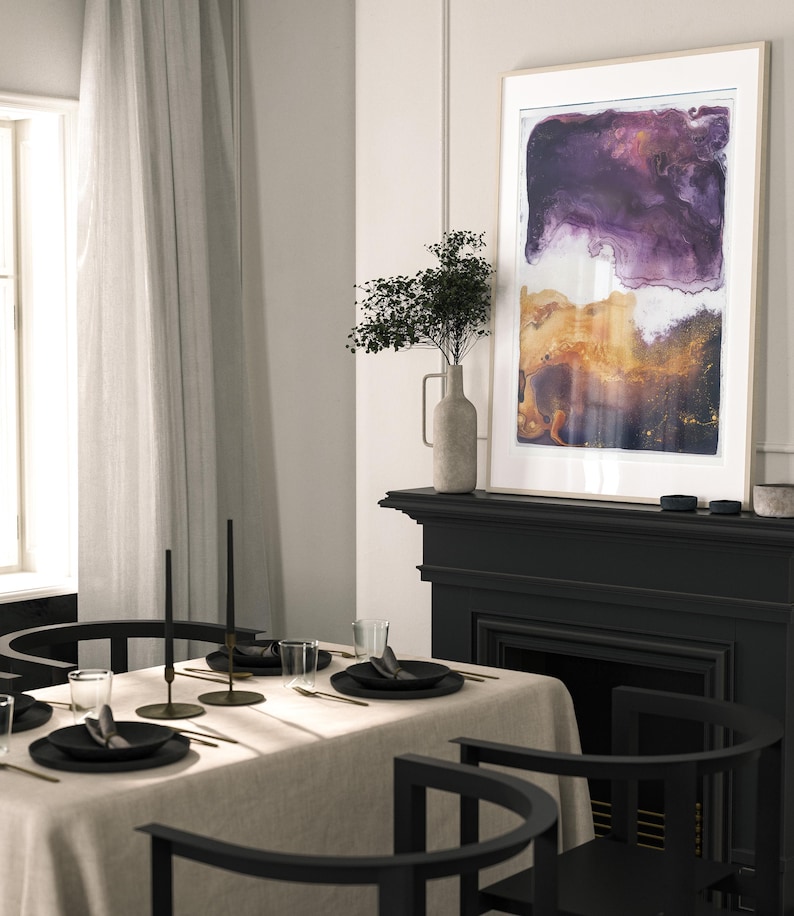 Purple and Gold Ink Marble Print, Large Ink Wall Decor, Modern Art