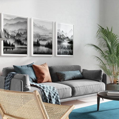 Ensemble d'estampes en niveaux de gris Mountain Lake : aquarelle abstraite nordique