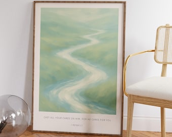 1 Peter 5:7 Bible Verse Print, Watercolour Scripture Art