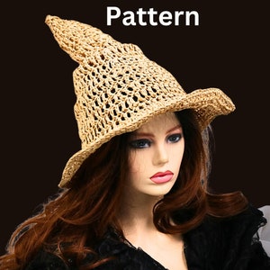 May include: A brown straw witch hat with a wide brim and a pointed crown. The hat is worn by a person with long brown hair.