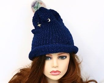 Celestial Witch Hat, Moon and Star Slouchy Beanie, Long Stocking Cap, Winter Toboggan