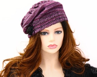 Witchy French Style Slouchy Beanie Beret, Slouchy Hat with Black Rose, Sophisticated Witchy Style