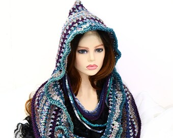 Water Witch Scarf with Hood, Witchy Traveler Hooded Infinity Scarf, Colorful Druid Cowl Hood, Rustic Witchy Hooded Cowl