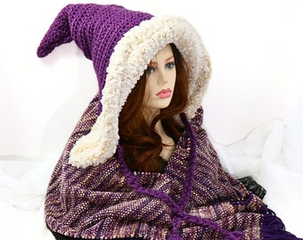 Fur Trim Purple Winter Witch Hood Wrap, Druid Hooded Cowl, Oversized Hood with Ties, Witch Hoodie Wrap, Witch Hooded Scarf