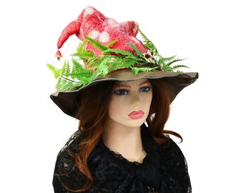 Mushroom Witch Hat, Hand Dyed Felt Hat, Cosplay Festival Fae Hat, Fly Agaric Vibes, Renfaire Costume Hat, Fern Fairy Flower, Slouchy Wrinkle
