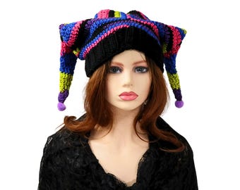 Colorful Crochet Jester Beanie, Whimsical Fae Costume Hat, Double Pointed, Festival Fae, Winter Fun