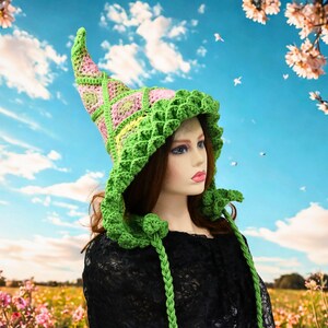 May include: A handmade crochet hat in shades of green, pink, and yellow. The hat features a pointed top and a scalloped brim, with long braided ties. The hat is displayed on a mannequin head against a backdrop of a blue sky and flowers.