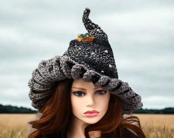 Black Mushroom Witch Hat, Bird Nest Accent, Unique, Renfaire Festival Costume, Fall Hedge Witch