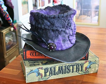 Rustic Fae Wizard Top Hat, Handmade Felt, Festival Cosplay, Renfaire Costume Hat, Witchy Druid Vibes, Black Feathers