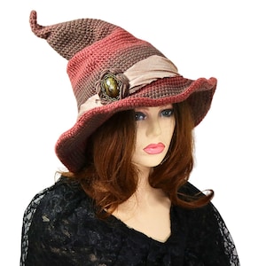 Woodland Fae Witch Hat, Fall Hedge Witch Hat, Cabochon Talisman, Gemstone Wizard Hat, Renfaire Costume, Tall Crooked Witch Hat, Festival Hat
