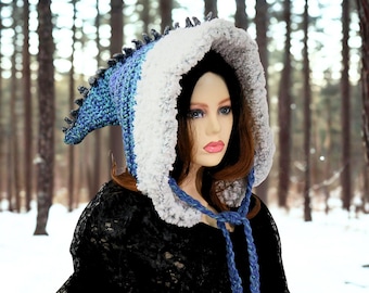 Dragon Tail Hooded Cowl, Oversized, Faux Fur Trim, Extra Warm, Unique Whimsical Winter Hat