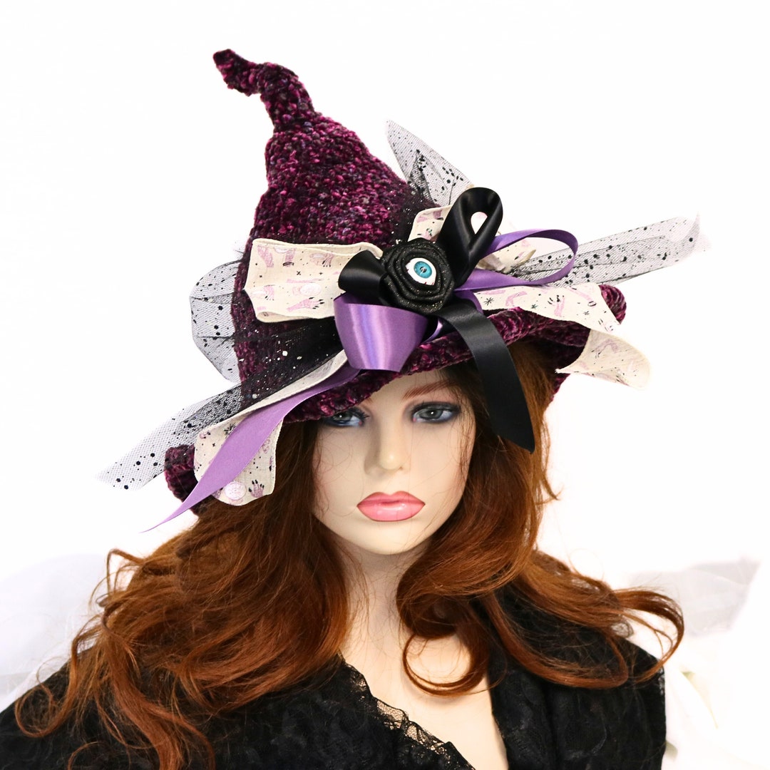 Creepy Eye Velvet Witch Hat, Crooked Halloween Witch Costume Hat