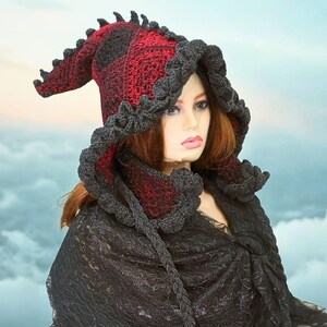 Dragon Hooded Cowl, Druid Witch Wizard Fae Elf, Oversized Winter Hood, Patchwork Hat, Renfaire Festival Whimsical Cosplay, Long Scale Tail