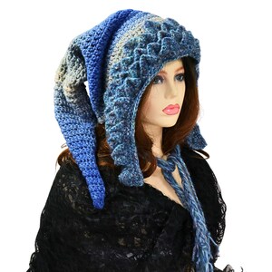 Blue Oversized Dragon Hood, Long Tail, Scale Trim, Renfaire Festival, Fantasy Cosplay, Druid Wizard Fae Witch Elf Hat, Hooded Cowl