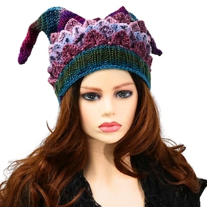 Dragon Scale Hat, Fun Winter Fool Fae Beanie, Two Horns, Dragon Lover Gift, Colorful Double Pointed Hat, Cosplay Festival Hat, Jester Style