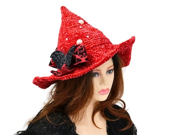 Mushroom Witch Hat, Red Velvet Crochet, Fae Cottagecore Style, Short Point, Black Bat Moth Bow, Renfaire Festival Cosplay, Wired Brim