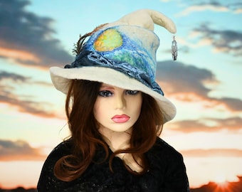 Hand Painted Witch Hat, Felt Celestial Hat, Forest Mountain Water, Pretty Fall Festival Hat, Winter Solstice, Colorful Serene Nature Vibes