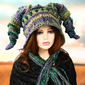 Green Jester Hood, One of a Kind Fool Fae Hat, Mardis Gras Colors, Long Points