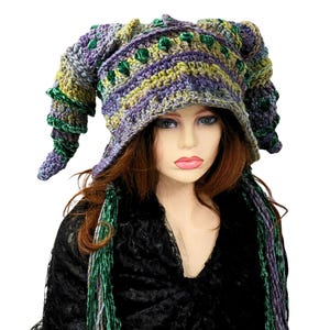 May include: A handmade crochet hat in shades of purple, green, and yellow. The hat features a pointed, horn-like design and is adorned with green embellishments. Long, braided strands of yarn in matching colors hang down from the hat.
