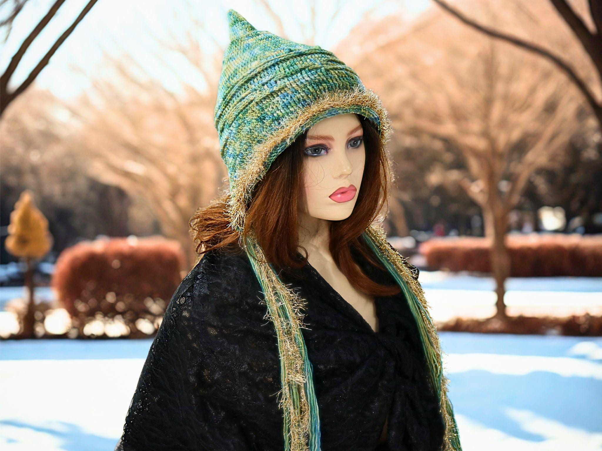 Forest Witch Hood, Gold Sparkle Trim, Green Pixie Point, One of a Kind Fae Witch Druid Elf, Festival Hat, Nordic Style, Yule Vibes