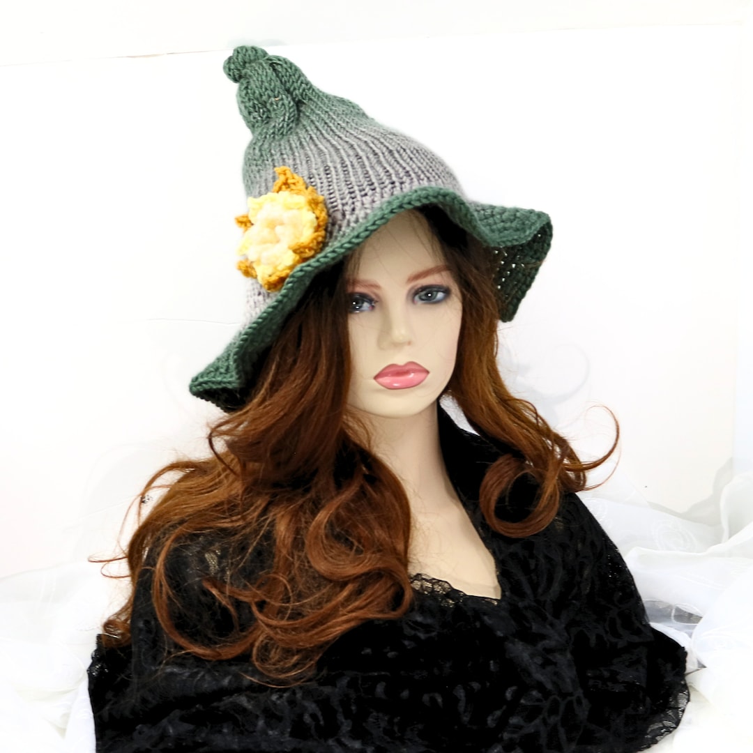 Green Sun Witch Beanie Hat, Winter Solstice Witch Hat, Soft Winter