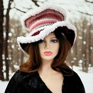 Winter Festival Hat, Him Her, Fur Trim, Crochet Top Hat, Rocker Top Hat, Yule Renfaire Funky Top Hat, New Years Eve Hat, Fae Victorian Vibes