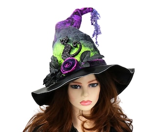 Whimsical Crooked Witch Hat, Hand Dyed Felt, Cosplay Festival Hat, Fancy Fall Witch, Colorful Goth Vibe, Renfaire Costume, Spooky Black Cat