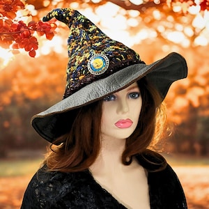 Celestial Witch or Wizard Hat, Renfaire Costume Hat, Earthy Fall Colors, Cosplay Festival Hat, Smiling Moon, Vintage Vibes, Twisty Tall Hat