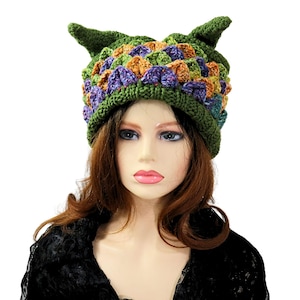 Dragon Scale Beanie Hat with Horns, Fun Winter Hat, For Him Her, Dragon Lover Gift, Colorful Jester Style Hat, Unusual Double Pointed Beanie