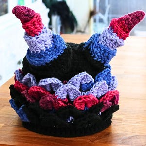 Dragon Beanie Hat, Scales and Horns, Him Her, Fun Colorful Horned Hat, Winter Cosplay Festival, Crochet Hat, Unusual Whimsical Costume Hat