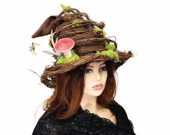 Rustic Twig Witch Hat, Festival Cosplay, Forest Wizard, Nature Druid, Renfaire Costume, Woodsy Moss Mushroom Antler