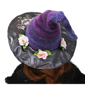 Magic Scroll Felt Witch Hat, Fairy Garden Vibes, Natural Fibers, Crooked Slouchy Hat, Renfaire Festival Hat, Rustic Fae Flowers, Dark Colors