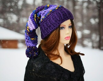Long Stocking Elf Hat, Him or Her, Witchy Starry Night Colors, Colorful Pom Pom Hat, Slouchy Pointy, Snowboarder Hat, Rustic Fae Winter Hat