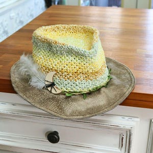 Crocheted Cotton Fedora Hat, Crescent Moon Detail, Boho Beach Style, Wire Brim, Fae Vibes