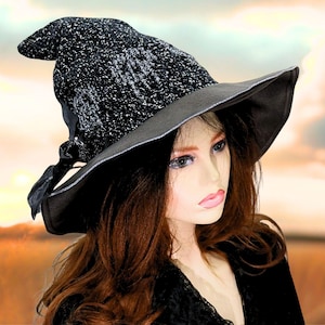 Slouchy Skull Witch Hat, One of a Kind, Black and Gray, Wired Faux Leather Brim