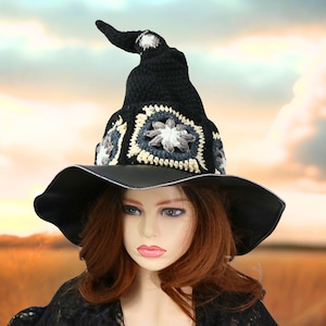 Patchwork Witch Hat, Renfaire Festival Cosplay, Tall Crooked, Whimsical Rustic Celestial Wizard, Wide Brim