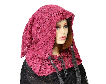Oversized Medieval Hooded Cowl, Lace Witch Hood, Festival Cosplay, Witchy Fae Elf, Summer Style, Dusty Rose Scarf