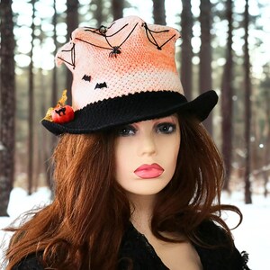 Spooky Top Hat, Halloween Jester Theme, One of a Kind, Spiders Bats, Pastel Orange Black