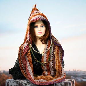 Rustic Chic Hooded Scarf, Witchy Traveler, Earthy Hoodie Wrap, Woodsy Beaded Boho Shawl, Hooded Cowl, Fae Druid Vibes, Festival Renfaire Fun