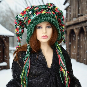 Bright Colorful Jester Hood, Whimsical Fool Fae Costume, Double Pointed Tails, Winter Druid Festival Witch Wizard Fae, Soft Beanie Hat