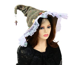 Flower Witch Hat, Lavender Lace, Fancy Elegant, Renfaire Cosplay Costume, Festival Garden Fae, Tall Slouchy Crooked Style Fairy Godmother