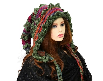 Oversized Dragon Hood, Elf Hooded Cowl, Long Pointy Tail, Scales, Fringe, Fantasy Cosplay Hat, Whimsical Colorful Style