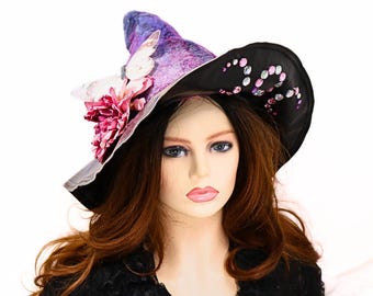 Moon Goddess Hat, Hand Dyed Felt Hat, Moth Festival Hat, Renfaire Costume Witch Hat, Fall Witch Hat, Fancy Flower Hat, Crystal Peekaboo Brim