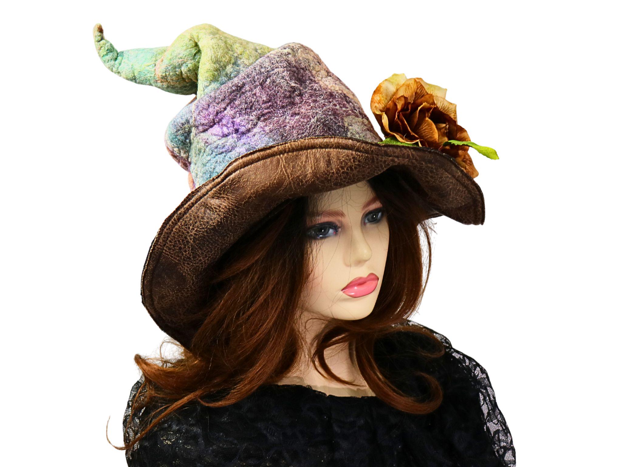 Whimsical Witch Hat, Hand Dyed Felt, Renfaire Fancy Festival Hat, Rustic Nature Vibe, Costume Hat, Pagan Forest Fae, Colorful Fall Druid Hat